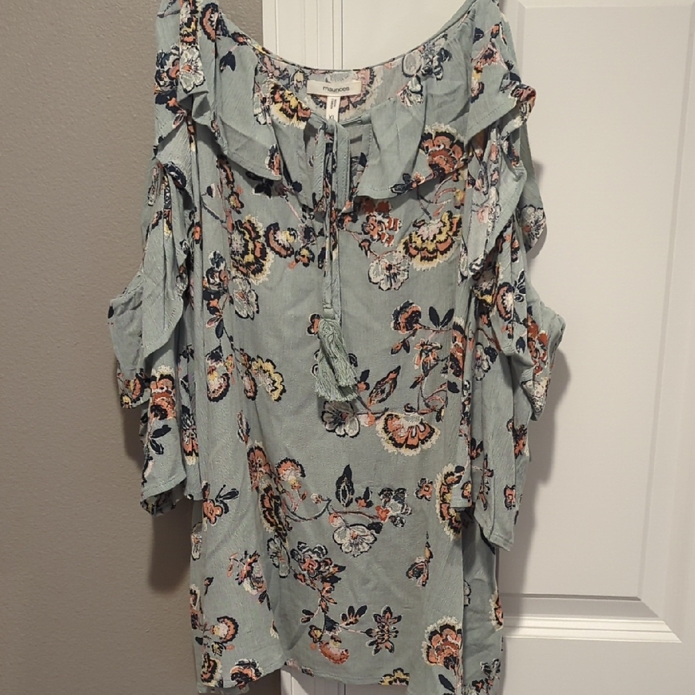 Maurices Floral Ruffle Cold Shoulder Blouse - Blue and Pink